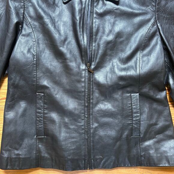 IZZI Collections black leather full zip collar bomber jacket SIZE L - Picture 4 of 6